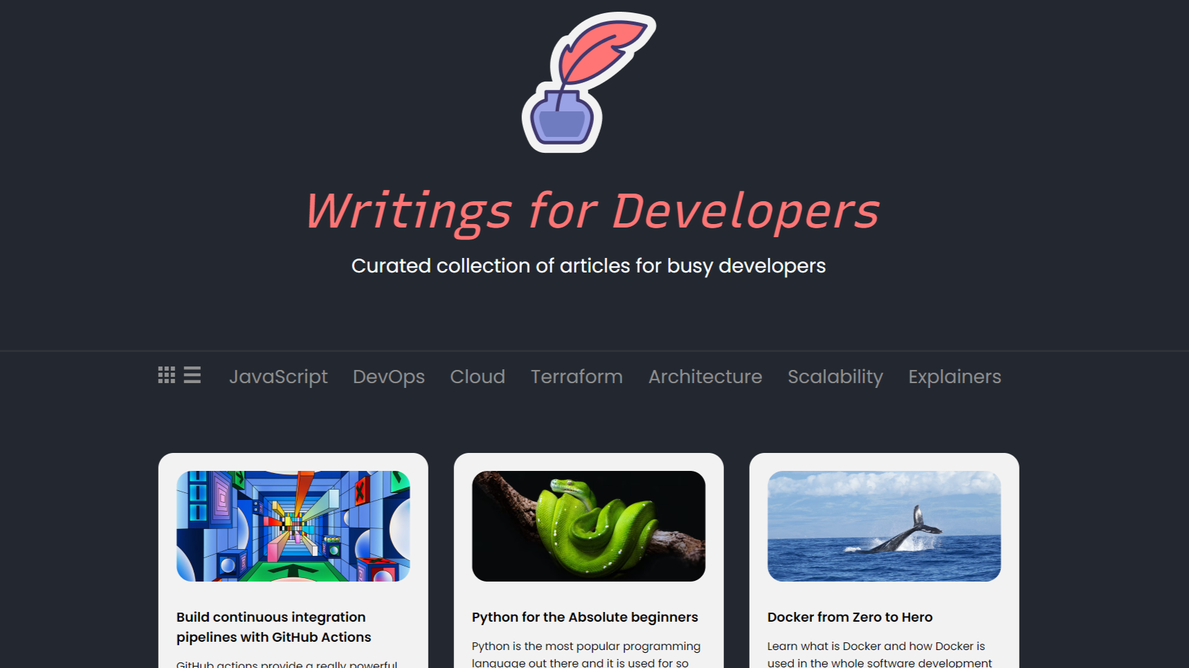 Captura de tela do Writings Dev, um site criado para praticar o desenvolvimento de páginas web responsivas.